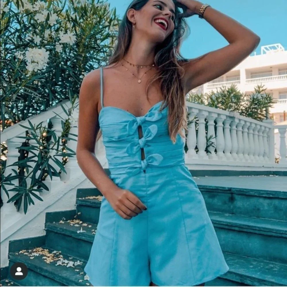 Zara | Blogger Favorite; Rustic Bow Playsuit in Sky Blue